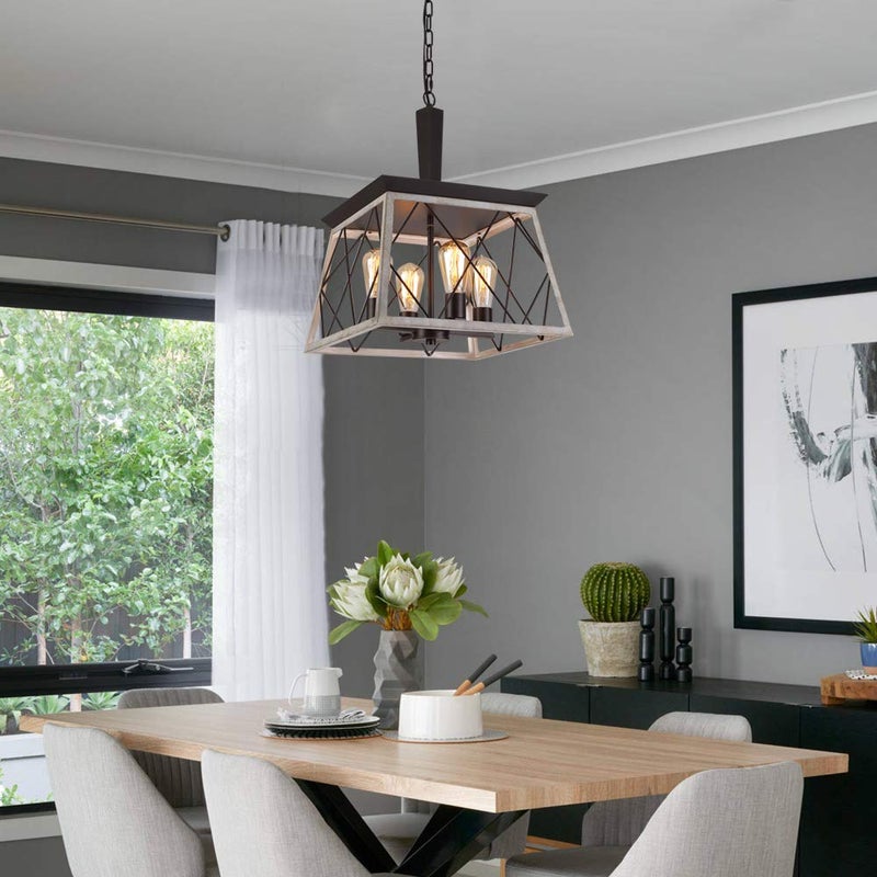 QS Q&S Farmhouse Vintage Chandelier, Rustic Pendant Light,Industrial Hanging Light Fixture for Dining Room Kitchen Island,Wrought Iron,ORB+Oak White 4 Lights E26 UL Listed - Image 5